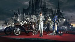 1boy 4girls absurdres aircraft ambience_synesthesia animal_ears arknights dark_cloud black_dress black_hair blonde_hair blue_eyes blue_hair camera_flash cane car castle cloud cloudy_sky company_name dress formal_clothes fox_ears grey_eyes grey_hair halo hat high_heels highres horns hot_air_balloon jacket la_pluma_(arknights) lappland_(arknights) long_hair looking_at_viewer mostima_(arknights) mostima_(ethereal_harmony)_(arknights) motor_vehicle multiple_girls official_alternate_costume official_art pants second-party_source sky smile steering_wheel suit thorns_(arknights) vulpisfoglia_(arknights) white_jacket white_pants yellow_eyes yyb
