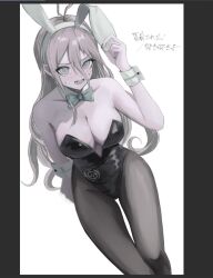 Rule 34 | 1girl, animal ear hairband, animal ears, antenna hair, art program in frame, bare shoulders, black leotard, black pantyhose, blonde hair, blue bow, blue bowtie, blue eyes, blush, bow, bowtie, breasts, cleavage, collarbone, covered navel, danganronpa (series), danganronpa v3: killing harmony, detached collar, embarrassed, eyelashes, fake animal ears, hair between eyes, hairband, highres, iruma miu, leotard, long hair, looking at viewer, muted color, open mouth, pantyhose, playboy bunny, rabbit ear hairband, rabbit ears, ringed eyes, shy, simple background, sukizukiko, sweatdrop, translation request, white background, wrist cuffs