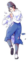 1boy black_hair black_hat black_sandals blue_pants dairi full_body hat highres holding_own_arm japanese_clothes kimono large_variant_set long_sleeves looking_at_viewer male_focus open_mouth pants profile red_eyes sandals shingyoku_(male) shingyoku_(touhou) short_hair sideways_glance simple_background solo standing standing_on_one_leg sweatdrop tachi-e tate_eboshi torn_clothes torn_pants touhou touhou_(pc-98) transparent_background variant_set white_kimono