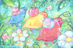 Rule 34 | animal focus, animalization, apple, artist name, bird, blue bird, blue pikmin, colorful, commentary, english commentary, flower, food, fruit, grass, highres, hue shifting, juice box, neogeopet, nintendo, no humans, outdoors, pikmin (creature), pikmin (series), quail, red bird, red pikmin, water drop, white flower, yellow bird, yellow pikmin