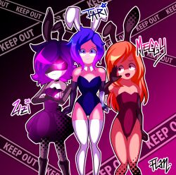 3girls animal_ears blue_hair dress elbow_gloves flat_chest glitch_productions gloves highres leotard long_hair mecha_girl meggy_spletzer meta_runner multiple_girls murder_drones orange_hair playboy_bunny purple_eyes purple_hair robot short_hair smg4 sunset_paradise tari_(meta_runner) tari_(smg4) thighhighs uzi_(murder_drones)
