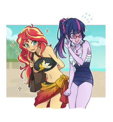 2girls @_@ bag bare_shoulders blonde_hair blush breasts colored_skin dcon_34 green_eyes hair_ornament hair_scrunchie highres long_hair medium_breasts multicolored_hair multiple_girls my_little_pony my_little_pony:_equestria_girls my_little_pony:_friendship_is_magic pink_hair ponytail purple_eyes purple_hair red_hair sarong scrunchie shoulder_bag shy small_breasts smile sparkle streaked_hair sunset_shimmer sunset_shimmer_(human) swimsuit twilight_sparkle twilight_sparkle_(human) two-tone_hair yuri