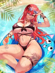 1girl absurdres arm_tattoo beach bikini black_bikini blue_cat blue_sky blush breasts brown_eyes cat cleavage collarbone day earrings erza_scarlet eyewear_on_head fairy_tail fairy_tail_logo hair_over_one_eye halterneck happy_(fairy_tail) heart heart_o-ring highleg highleg_bikini highres innertube jewelry large_breasts long_hair looking_at_viewer navel navel_piercing o-ring o-ring_bikini o-ring_thigh_strap ocean outdoors palm_tree piercing pink-framed_eyewear ranea red_hair sky smile solo stomach string_bikini summer sunglasses sunlight swim_ring swimsuit tattoo thigh_strap tree water