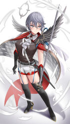 1girl absurdres aiguillette ascot azur_lane bellona_(azur_lane) belt between_breasts black_belt black_boots black_feathers black_gloves boots breasts brown_shirt buko_(bukosuki) cape closed_mouth commentary_request commission detached_collar feathers full_body gloves grey_eyes grey_hair hair_between_eyes high_heel_boots high_heels highres holding holding_sword holding_weapon medium_breasts pixiv_commission shirt short_hair shorts simple_background sleeveless solo standing strap_between_breasts sweater sword thigh_boots turtleneck turtleneck_sweater v-shaped_eyebrows weapon white_ascot white_cape white_shorts