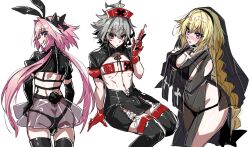 1girl 2boys animal_ears astolfo_(fate) astolfo_(saber)_(fate) back bikini blonde_hair blush bow braid braided_ponytail breasts bulge commentary_request eyepatch_bikini fate/apocrypha fate/grand_order fate_(series) gloves grey_hair hair_between_eyes hair_bow haoro holding jeanne_d&#039;arc_(fate) long_hair looking_at_viewer multicolored_hair multiple_boys navel nun nurse pink_hair purple_eyes rabbit_ears rabbit_tail red_eyes see-through_clothes sieg_(fate) simple_background streaked_hair swimsuit syringe tail thighhighs two-tone_hair very_long_hair white_background white_hair