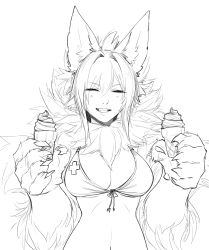 1girl animal_ear_fluff animal_ears animal_hands artist_request bikini bikini_top_only breasts claws cleavage closed_eyes food fur highres ice_cream ice_cream_cone large_breasts lips manticore_(monster_girl_encyclopedia) midriff monster_girl monster_girl_encyclopedia monster_girl_encyclopedia_ii pov simple_background smile solo swimsuit teeth white_background
