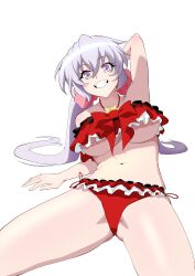 1girl absurdres arm_behind_head bikini breasts chikarya_mk_1 commentary dolphin_wave frilled_bikini frills grey_hair highres large_breasts long_hair navel official_alternate_costume open_mouth purple_eyes red_bikini senki_zesshou_symphogear smile stomach swimsuit teeth thighs underboob yukine_chris