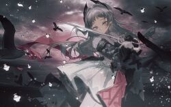 1girl absurdres arknights axleaki bird black_bird black_gloves blue_eyes closed_mouth cloud cloudy_sky gloves grey_hair highres holding holding_sword holding_weapon irene_(arknights) long_hair looking_at_viewer pantyhose sky solo sword upper_body weapon white_pantyhose