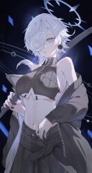 1girl bare_shoulders belt black_background black_jacket black_nails black_skirt braid braided_hair_rings breasts commentary_request commission crop_top drone_(drone_37) ear_piercing earrings grey_eyes grey_hair hair_over_one_eye hair_rings halo highres holding holding_weapon jacket jewelry long_sleeves looking_at_viewer medium_breasts midriff mole mole_under_eye nail_polish navel off_shoulder open_clothes open_jacket original parted_lips piercing pixiv_commission short_hair skirt solo unzipped weapon zipper