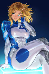 1girl abs blonde_hair blue_eyes bodysuit breasts commentary crossed_legs earrings energy_barrier english_commentary fantastic_four gloves highres jewelry large_breasts looking_to_the_side marvel marvel_rivals medium_hair robusta_mania signature sitting solo sue_storm thick_thighs thighs toned