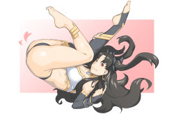 1girl anklet ass bare_shoulders bikini black_hair breasts bridal_gauntlets choker commentary_request dyun earrings fate/grand_order fate_(series) full_body heart highres hoop_earrings ishtar_(fate) jewelry large_breasts long_hair looking_at_viewer red_eyes single_thighhigh solo swimsuit thighhighs toeless_legwear