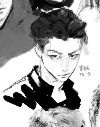 1boy closed_mouth greyscale looking_at_viewer male_focus miyagi_ryouta monochrome n9c4z pensive raised_eyebrow school_uniform short_hair sideburns signature simple_background sketch slam_dunk_(series) upper_body