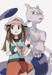 1girl 2enn3n :o blue_shirt brown_eyes brown_hair creatures_(company) eyelashes game_freak gen_1_pokemon hat highres leaf_(pokemon) legendary_pokemon long_hair looking_to_the_side mewtwo nintendo open_mouth pokemon pokemon_(creature) pokemon_frlg red_skirt shirt skirt sleeveless sleeveless_shirt sweatdrop white_background white_hat wristband
