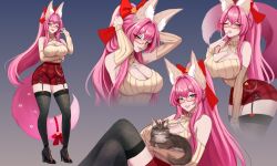 1girl absurdres aizuke_(vtuber) animal animal_ears bare_shoulders black_thighhighs body_fur breasts cat cleavage fox_ears fox_girl fox_tail full_body garter_straps glasses gradient_background high_ponytail highres hime_tyan_art holding holding_animal holding_cat indie_virtual_youtuber large_breasts long_hair one_eye_closed pink_hair pink_tail ponytail purple_eyes red_skirt semi-rimless_eyewear simple_background skirt solo tail thighhighs under-rim_eyewear upper_body