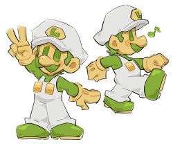 Rule 34 | 1boy, blush, chibi, colored skin, facial hair, full body, gloves, green eyes, green facial hair, green hair, green shoes, green skirt, hat, highres, long sleeves, looking at viewer, luigi, male focus, mario (series), mimimi (mimimim9999), music, musical note, mustache, nintendo, orange gloves, orange skin, overalls, shirt, shoes, short hair, singing, skirt, super mario bros. 1, v, walking, white background, white hat, white overalls