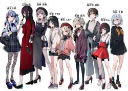 6+girls bag bags_under_eyes beret black_eyes black_hair black_panties black_serafuku blue_eyes blue_hair bob_cut cardigan commentary_request dress enomoto_nao full_body gloves grey_eyes grey_hair hair_over_one_eye hat high-waist_skirt high_heels holding holding_knife hood hoodie jirai_kei knife lace_pantyhose loafers long_hair mask miniskirt mouth_mask multiple_girls orange_eyes original panties platform_shoes red_dress red_eyes school_uniform serafuku shoes short_hair simple_background skirt suspender_skirt suspenders translation_request underwear white_background