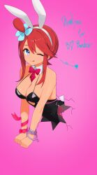 1girl ;q absurdres animal_ears bare_shoulders black_leotard blue_eyes breasts clenched_hands clothing_cutout commission commissioner_name commissioner_upload cosplay crack cracked_wall detached_collar dot_nose english_text fake_animal_ears fake_tail hair_ornament hairclip hatsune_miku hatsune_miku_(cosplay) heart heart_cutout highres leotard looking_at_viewer medium_breasts nintendo one_eye_closed pink_background pokemon pokemon_bw rabbit_ears rabbit_hole_(vocaloid) rabbit_tail red_hair ribbon ruushe0416 shiny_skin short_hair_with_long_locks side-tie_leotard single_handcuff skeb_commission skyla_(pokemon) smile solo tail thank_you through_wall tongue tongue_out