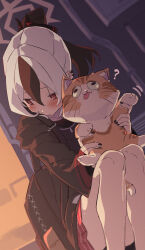 1girl ? animal black_bag black_hoodie black_horns black_nails blue_archive blush cat closed_mouth commentary_request demon_horns ear_piercing hair_between_eyes halo highres holding holding_animal hood hoodie horns kayoko_(blue_archive) miniskirt piercing plaid_clothes plaid_skirt pleated_skirt ponytail red_eyes red_skirt shiratama_(siratama5656) skirt solo squatting white_hair