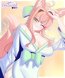 Rule 34 | 1girl, absurdres, animal ears, artist name, bare shoulders, breasts, brown hair, cleavage, doki doki literature club, fox ears, fox girl, fox tail, green eyes, green kimono, green ribbon, hand up, highres, japanese clothes, kimono, long hair, monika (doki doki literature club), one eye closed, ribbon, signature, simple background, smile, tail, vioswirl, whiskers