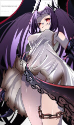 Rule 34 | 1girl, absurdres, adventure galley (azur lane), azur lane, black gauntlets, black horns, bottomless, breasts, caseee999, chain, covered navel, covering crotch, covering privates, dress, from below, grin, highres, horns, light blush, long hair, looking at viewer, medium breasts, no panties, odaibako, parted bangs, purple hair, red eyes, request inset, short dress, sleeveless, sleeveless dress, smile, solo, suction cups, tentacles, torn clothes, torn dress, twintails, white dress