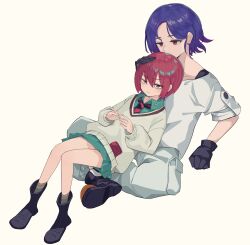 1boy 1girl :i absurdres amate_yuzuriha aqua_eyes atoi57209036 blue_hair blush collared_shirt colored_inner_hair commentary_request full_body gloves gundam gundam_gquuuuuux hetero highres kissing_head leaning_on_person long_sleeves multicolored_hair necktie pants purple_hair red_eyes red_hair school_uniform shirt shoes short_hair shuji_ito simple_background sitting sitting_on_lap sitting_on_person skirt sweater two-tone_hair white_background white_shirt