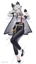 1girl absurdres arm_pouch artist_name black_gloves black_horns black_jacket black_pants black_pouch black_shoes breasts chest_harness closed_mouth collared_shirt commentary curled_horns english_commentary erlisa_takanashi full_body gloves grey_hair hair_between_eyes hands_up harness high-waist_pants high_heels highres horns jacket jacket_on_shoulders large_breasts looking_at_viewer lying medium_hair necktie on_back pants red_eyes red_necktie shirt shirt_tucked_in shoes sleeves_rolled_up solo tight_clothes tight_pants white_shirt wuthering_waves zani_(wuthering_waves)