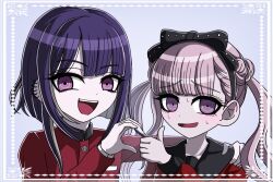 1boy 1girl black_bow blush bow brother_and_sister eyebrows eyelashes grey_background heart heart_hands heart_hands_duo heart_hands_failure looking_at_viewer matching_hair/eyes open_mouth pink_eyes pink_hair purple_eyes purple_hair siblings simple_background sweat teeth the_hundred_line_-last_defense_academy- thumbs_up tongue tsukumo_ima tsukumo_kako twins upper_teeth_only