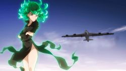 1girl aircraft airplane animated animated_gif aura b-52_stratofortress black_dress dress energy female_focus floating flying glowing green_eyes green_hair heavy_bomber levitation matching_hair/eyes one-punch_man penetrator_(aircraft) psychic sky solo strategic_bomber tatsumaki telekinesis