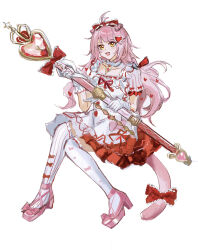Rule 34 | 1girl, :d, absurdres, arknights, bow, chinese commentary, commentary request, dress, footwear bow, frilled bow, frills, full body, gloves, goldenglow (arknights), goldenglow (party in the garden) (arknights), hair bow, hair ornament, heart, heart hair ornament, highres, holding, holding staff, invisible chair, long hair, looking at viewer, mismatched thighhighs, official alternate costume, open mouth, pink bow, pink hair, pink shoes, pink tail, red bow, shoes, short sleeves, simple background, sitting, sketch, smile, solo, staff, striped clothes, striped thighhighs, tail, tail bow, tail ornament, thighhighs, vertical-striped clothes, vertical-striped thighhighs, white background, white dress, white gloves, white thighhighs, yellow eyes, zhishi mao tiao