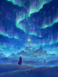 1girl absurdres au_ito aurora barefoot cloak commentary_request fantasy floating_hair footprints from_behind highres hood hooded_cloak lamp long_hair night night_sky original red_cloak sky solo standing star_(sky) starry_sky straight_hair tower very_wide_shot white_hair