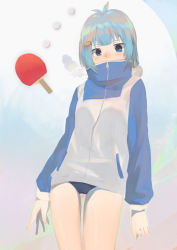 Rule 34 | 1girl, bad id, bad pixiv id, ball, blue eyes, blue hair, buruma, carrot hair ornament, covered mouth, female focus, food-themed hair ornament, hair bun, hair ornament, highres, itsumo hokuto, jacket, matching hair/eyes, paddle, risuno, risuno (kukucucu0987), shakunetsu no takkyuu musume, short hair, side bun, single side bun, solo, table tennis ball, table tennis paddle, thighs, topknot, track jacket