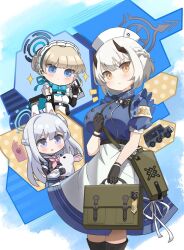 3girls animal animal_ears armband bag black_boots blonde_hair blue_archive blue_dress blue_halo blue_shirt boots braid breasts car commentary_request demon_horns dress fake_animal_ears full_body grey_halo half_up_braid halo hat holding holding_animal holding_bag holding_rabbit horns jellyman large_breasts long_hair looking_at_viewer maid_headdress miyako_(blue_archive) motor_vehicle multiple_girls neckerchief nurse_cap phone pink_neckerchief rabbit rabbit_ears sena_(blue_archive) shirt short_hair shoulder_bag sparkle toki_(blue_archive) v white_armband white_hair yellow_eyes