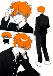 Rule 34 | 1boy, black pants, black shirt, chibi, chibi inset, colored skin, expressionless, goguma wagamja, hand on own cheek, hand on own face, highres, male focus, orange hair, pants, project sekai, shinonome akito, shirt, short hair, simple background, solo, teeth, very short hair, white background, white footwear, white skin