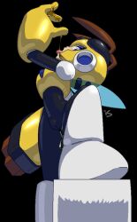 Rule 34 | 1girl, antennae, arm cannon, armor, artist name, black background, black bodysuit, blue eyes, blue eyeshadow, blue wings, bodysuit, boots, breastplate, cameltoe, dripping, eating, eyeshadow, female focus, from side, gloves, grey boots, half-closed eyes, helmet, honey, honey woman, insect wings, jaggy lines, knee boots, leg up, looking at viewer, makeup, mega man (series), open mouth, profile, pussy juice, rockthebull, sexually suggestive, signature, simple background, skin tight, solo, spread legs, tongue, tongue out, weapon, wet, wings, yellow armor, yellow gloves, yellow headwear