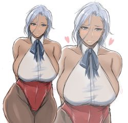 1girl anastasia_palma blue_eyes blush breasts dark-skinned_female dark_skin highleg highleg_leotard highres huge_breasts leotard medium_hair sakura_taisen sega shibusun shin_sakura_taisen sideboob silver_hair skin_tight smile thick_thighs thighs wide_hips
