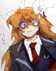 1girl black_vest bow collared_shirt freckles hair_bow highres ishmael_(project_moon) limbus_company long_hair long_sleeves looking_at_viewer necktie orange_hair project_moon red_necktie shirt simple_background solo suisei0708 upper_body vest white_background white_bow white_shirt wide-eyed yellow_eyes