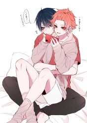 2boys absurdres ace_trappola arms_around_waist arms_up bangs_pinned_back barefoot bed black_pants blue_hair blush cellphone commentary_request deuce_spade facial_mark grey_hoodie hair_between_eyes heart highres holding holding_phone hood hood_down hoodie long_sleeves looking_at_another looking_at_phone looking_to_the_side male_focus mofu_twst multiple_boys open_mouth orange_eyes orange_hair pants parted_bangs phone pillow red_eyes red_shirt shirt short_hair short_sleeves shorts sitting sitting_on_lap sitting_on_person sleeves_past_wrists smartphone socks spade_(shape) speech_bubble t-shirt teeth thought_bubble tongue translation_request twisted_wonderland upper_teeth_only white_background white_shorts yaoi