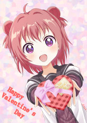 :d ahoge akaza_akari bow box box_of_chocolates brown_sailor_collar dot_nose double_bun dress dutch_angle english_text gift gift_box hair_bun hair_ornament happy_valentine heart-shaped_box highres holding holding_box holding_gift incoming_gift layered_sleeves light_blush long_sleeves looking_at_viewer machiyama_akane nanamori_school_uniform open_mouth pink_bow pleated_dress purple_eyes red_dress red_hair sailor_collar school_uniform shirt short_hair short_over_long_sleeves short_sleeves signature simple_background smile twintails two_side_up valentine white_shirt yuruyuri