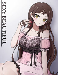 Rule 34 | 1girl, absurdres, arm support, black hair, black ribbon, blush, breasts, cleavage, collarbone, detached sleeves, dot nose, english text, eyelashes, floral print, frilled nightgown, frilled sleeves, frills, gradient background, grey background, hair over shoulder, halterneck, hand in own hair, head tilt, highres, idolmaster, idolmaster million live!, idolmaster million live! theater days, kitazawa shiho, long hair, looking at viewer, medium breasts, nightgown, official alternate costume, parted lips, pink negligee, puffy detached sleeves, puffy sleeves, ribbon, rose print, sexy beautiful (idolmaster), shadow, sitting, solo, very long hair, waist ribbon, winter-namaz, yellow eyes