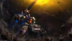 absurdres asteroid beam_cannon cable copyright_logo debris energy ga-zowmn glowing gundam gundam_battle_operation_2 gundam_unicorn gundam_zz highres machinery mecha mecha_focus mobile_suit neo_zeon no_humans official_art one-eyed painting_(medium) realistic robot rock scan science_fiction shoulder_cannon sunrise_(company) tenjin_hidetaka thrusters traditional_media