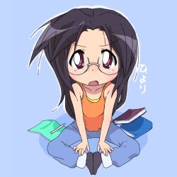 Rule 34 | 1girl, black hair, black socks, blue background, blush, book, butterfly sitting, cacctus32, denim, glasses, highres, jeans, long hair, looking at viewer, lucky star, on floor, open mouth, orange tank top, pants, pencil, purple eyes, round eyewear, shadow, simple background, sitting, socks, tamura hiyori, tank top