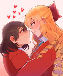 2girls blonde_hair bow brown_hair claire_francois hair_bow heart height_difference hug jacket long_hair looking_at_another medium_hair multiple_girls noses_touching rae_taylor red_bow red_jacket sadscruffy simple_background watashi_no_oshi_wa_akuyaku_reijou white_background yuri