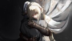 armor blonde_hair cloak closed_eyes couple elden_ring elden_ring:_shadow_of_the_erdtree gauntlets gold_trim helmet highres hug needle_knight_leda non-web_source smile tarnished_(elden_ring)