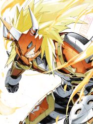1boy agnimon armor black_bodysuit blonde_hair bodysuit clenched_hands cowboy_shot digimon digimon_(creature) fang fire grey_background highres horns long_hair male_focus red_armor red_mask simple_background solo spiked_hair takeuchi_(a3)