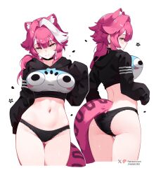 1girl absurdres alternate_costume animal_ears ass black_choker black_hoodie black_lace_trim black_panties breasts cat_ears cat_girl cat_tail center-flap_bangs character_print chattino_(raora_panthera) choker closed_mouth commentary cropped_hoodie cropped_legs english_commentary extra_ears gluteal_fold highres hololive hololive_english hood hoodie lace lace-trimmed_panties lace_trim large_breasts long_hair long_sleeves looking_at_viewer median_furrow multicolored_hair multiple_views namiorii navel no_pants panther_ears panther_girl panther_tail panties patreon_username pink_hair print_hoodie raora_panthera simple_background smile stomach streaked_hair tail thigh_gap thighs twitter_username underwear virtual_youtuber white_background white_hair yellow_eyes