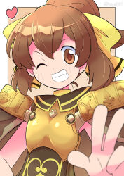 ;d bow brown_cape brown_eyes brown_hair cape commission delthea_(fire_emblem) fang fire_emblem fire_emblem_echoes:_shadows_of_valentia hair_bow heart highres looking_at_viewer nintendo one_eye_closed open_mouth ponytail rascal_(feuille) skeb_commission smile teeth twitter_username upper_body w yellow_bow