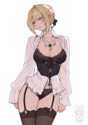 1girl alternate_costume artist_logo black_panties black_thighhighs blush bodice breasts cleavage collarbone commentary cowboy_shot cross cross_necklace earrings evelyn_chevalier heart heart_necklace highres jewelry lace lace-trimmed_thighhighs lace_trim large_breasts logo long_sleeves looking_to_the_side mole mole_under_eye necklace paid_reward_available panties parted_lips purple_eyes quilm ring_hair_ornament short_hair sidelocks simple_background solo thighhighs thighs underwear white_background zenless_zone_zero