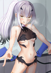Rule 34 | 1girl, absurdres, bare shoulders, bikini, black bikini, blush, breasts, dragon wings, fate/grand order, fate (series), forked eyebrows, high ponytail, highres, jewelry, licking lips, long hair, looking at viewer, melusine (fate), melusine (swimsuit ruler) (fate), melusine (swimsuit ruler) (first ascension) (fate), navel, ponytail, sidelocks, small breasts, smile, solo, stomach tattoo, swimsuit, tail, tattoo, thighlet, thighs, tongue, tongue out, white hair, wings, yellow eyes, yuzu sanma