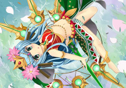 1girl :o anklet aqua_eyes aqua_hair bad_feet bad_id bad_pixiv_id barefoot blue_hair female_focus flat_chest flower green_eyes hair_ornament highres jewelry long_hair looking_up lots_of_jewelry lotus midriff navel panties parvati_(p&amp;d) puzzle_&amp;_dragons sakuraba_hikaru_(loveindog) solo striped_clothes striped_panties underwear upside-down