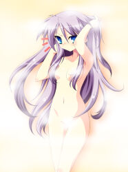 bath blue_eyes breasts completely_nude convenient_censoring hair_censor hair_over_breasts hiiragi_kagami ka2 long_hair lucky_star medium_breasts nude purple_hair steam steam_censor